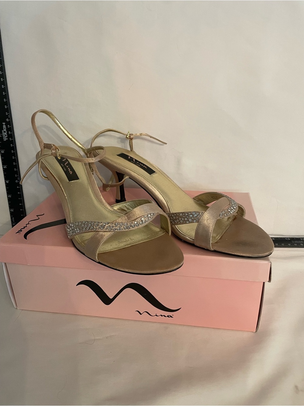 Nina Champagne Satin Rhinestone Slingback Heels